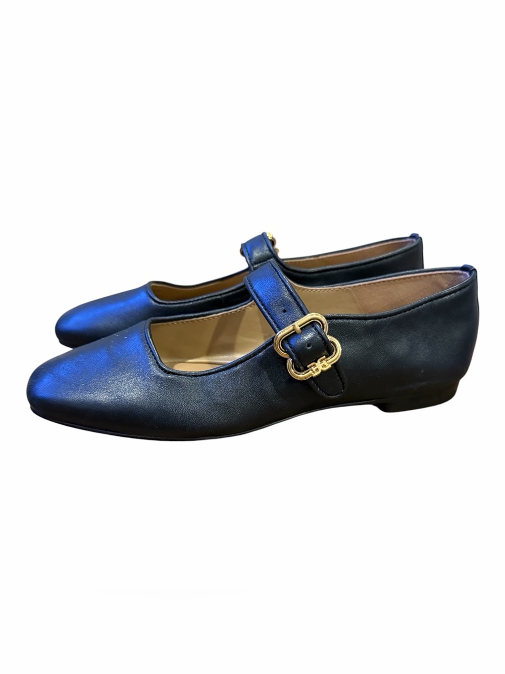 Sam Edelman Black Leather Mary Jane Flats with Gold Buckle
